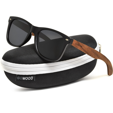 Walnut wood classic style sunglasses with black polarized lenses