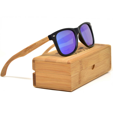 Bamboo wood classic style sunglasses with blue mirrored polarized lenses