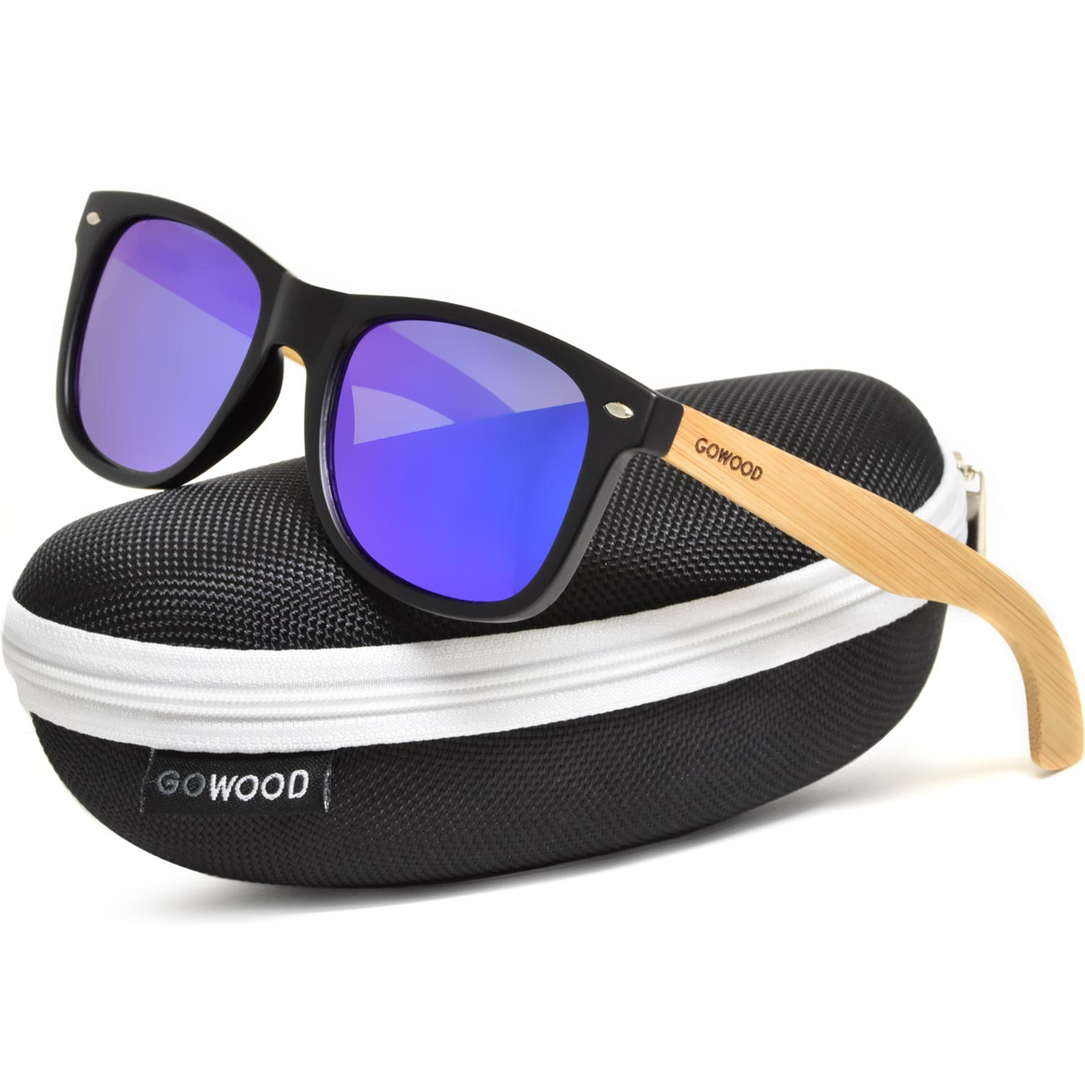 Bamboo wood classic style sunglasses with blue mirrored polarized lenses