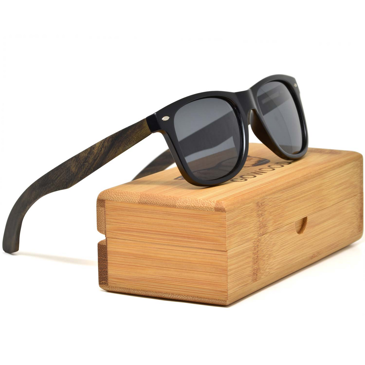 Ebony wood classic style sunglasses with black polarized lenses