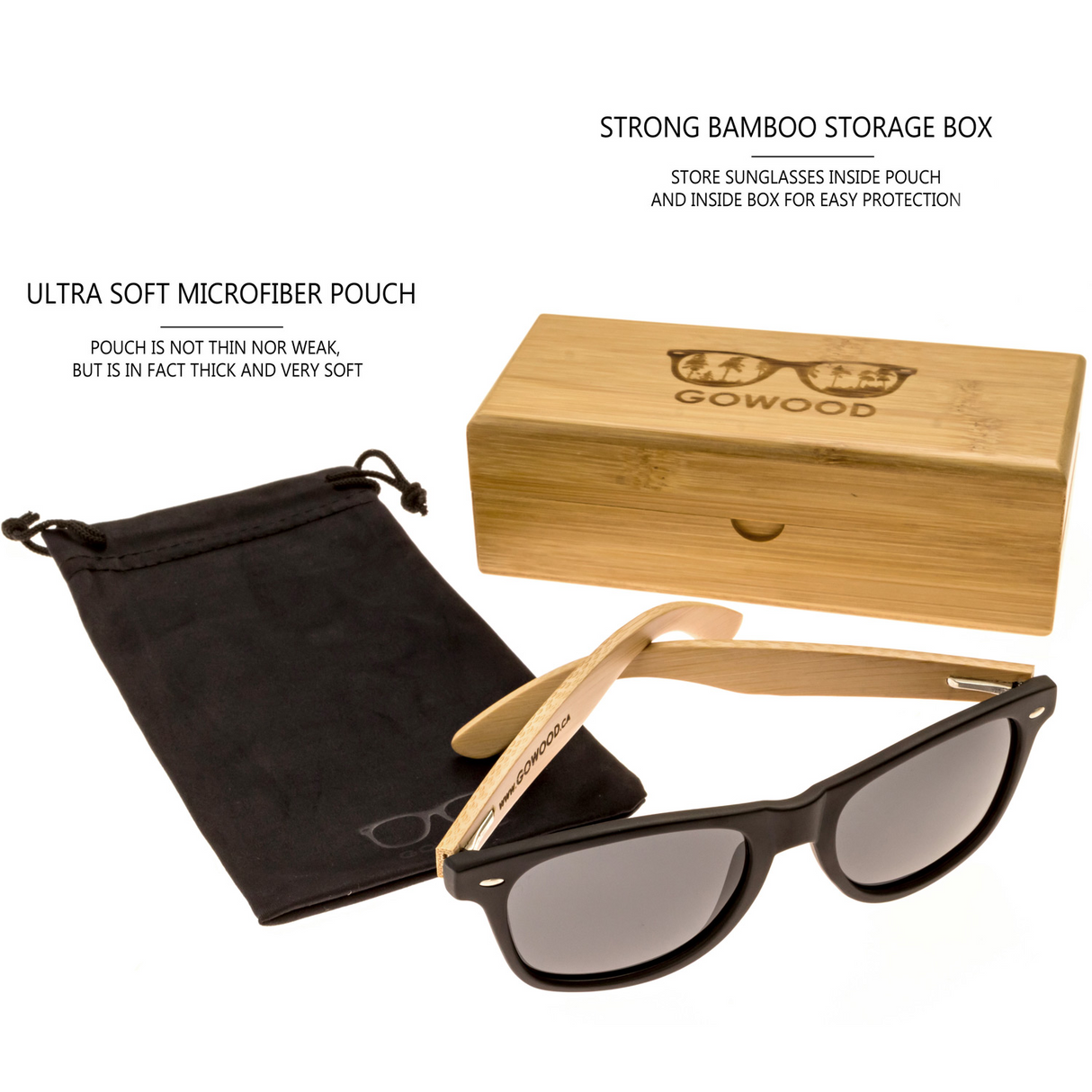 Bamboo wood classic style sunglasses with black polarized lenses