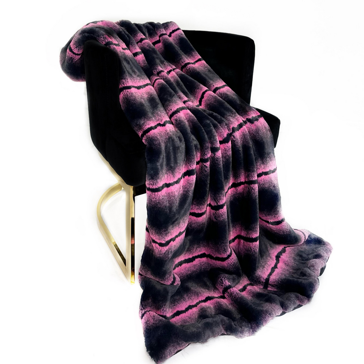 Plutus Fuchsia Black Fluffy Fields Faux Fur Luxury Throw Blanket