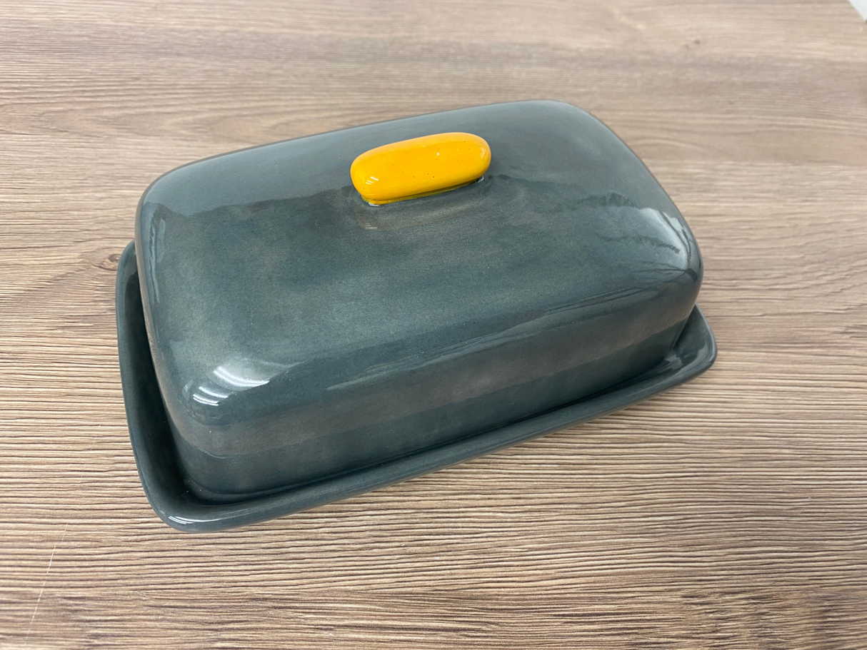 Butter Dish Grey with Yellow Handle