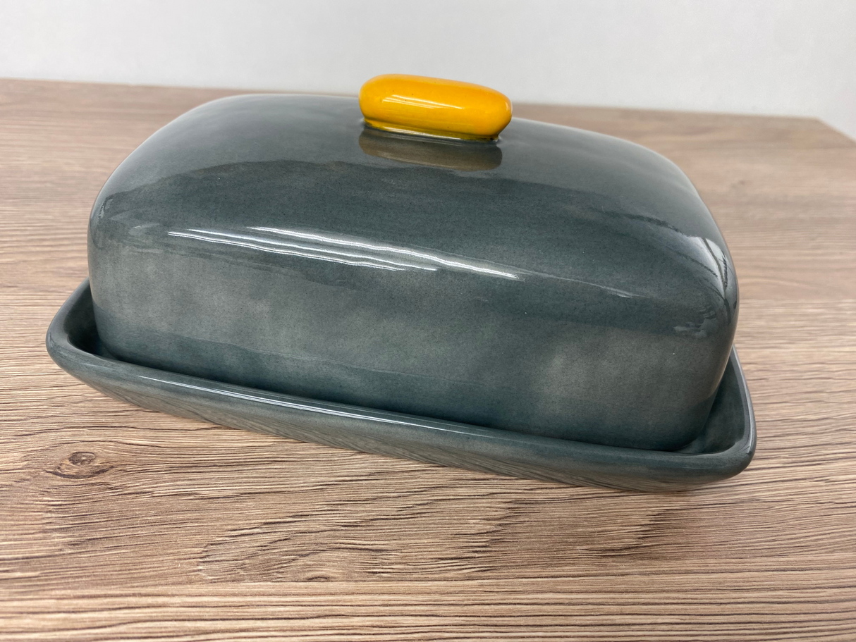 Butter Dish Grey with Yellow Handle