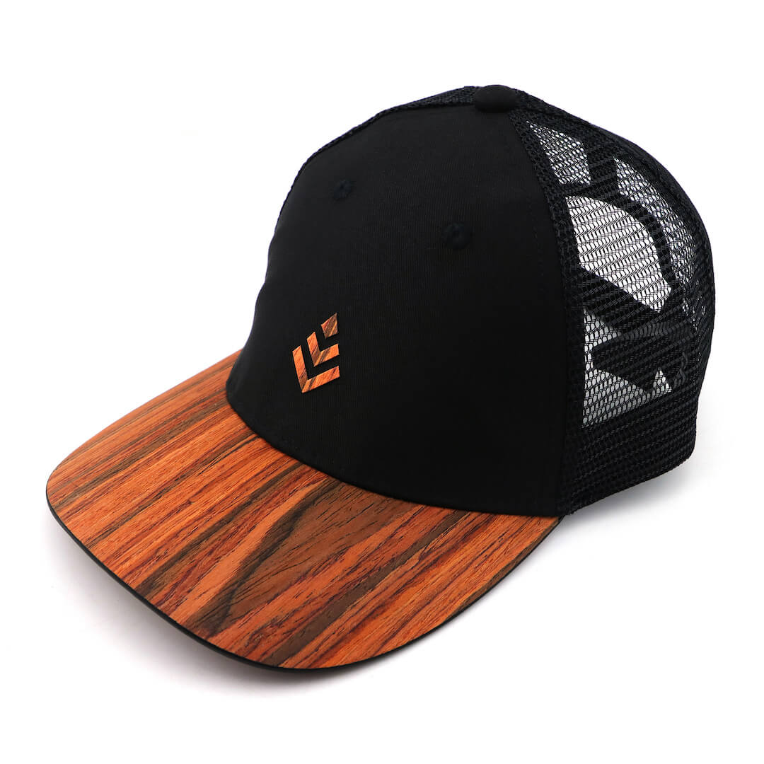 Curved brim baseball style mesh cap made with a real wood brim