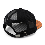 Curved brim baseball style mesh cap made with a real wood brim