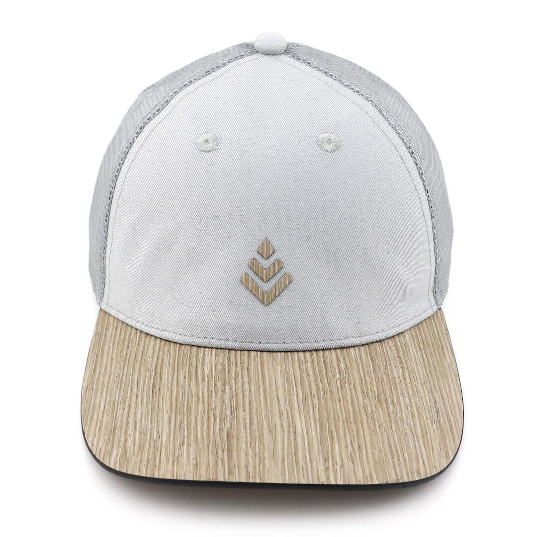 Curved brim baseball style mesh cap made with a real wood brim