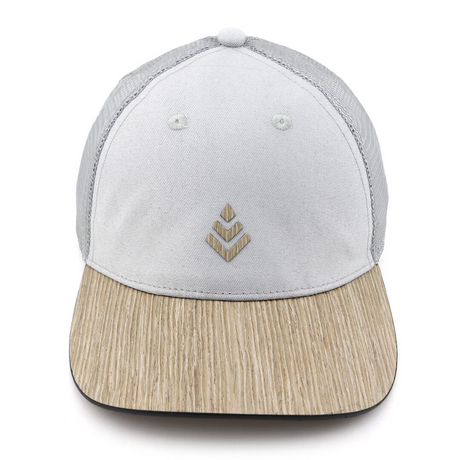 Curved brim baseball style mesh cap made with a real wood brim