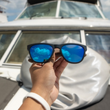 Classic walnut wood sunglasses with blue mirrored polarized lenses