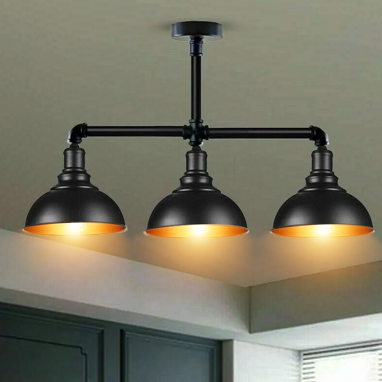 Industrial Vintage Retro Ceiling Pipe Light Black Dome Shade E27 UK Flush Lights~3732