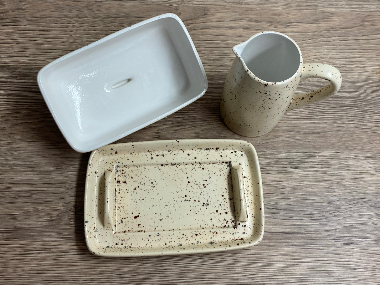 Butter Dish and Milk Jug set in Speckled Honey Glaze