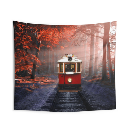 Red Tram in Forest Tapestry