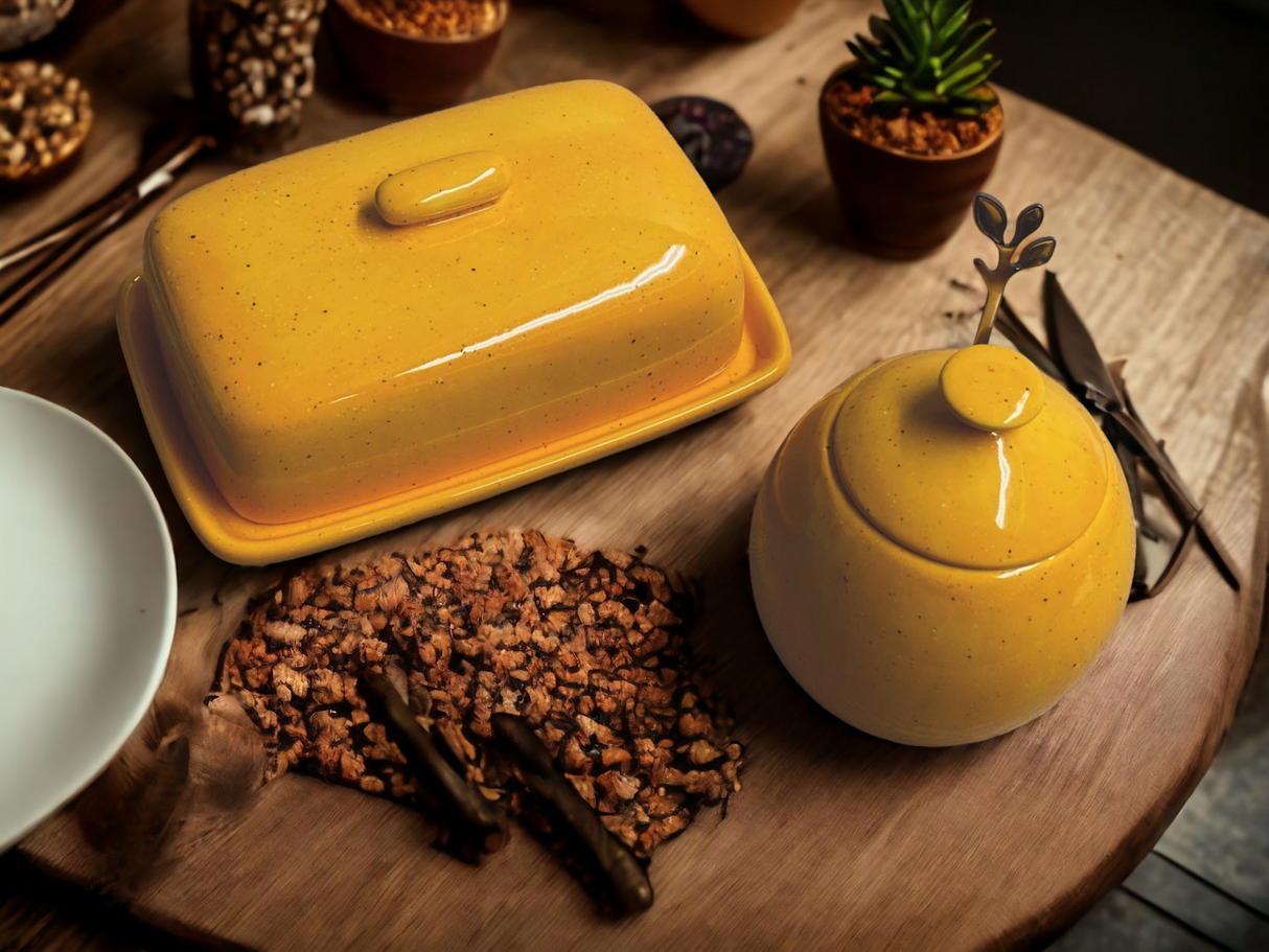 Butter Dish with Sugar Bowl Set - Yellow Speckle Glaze