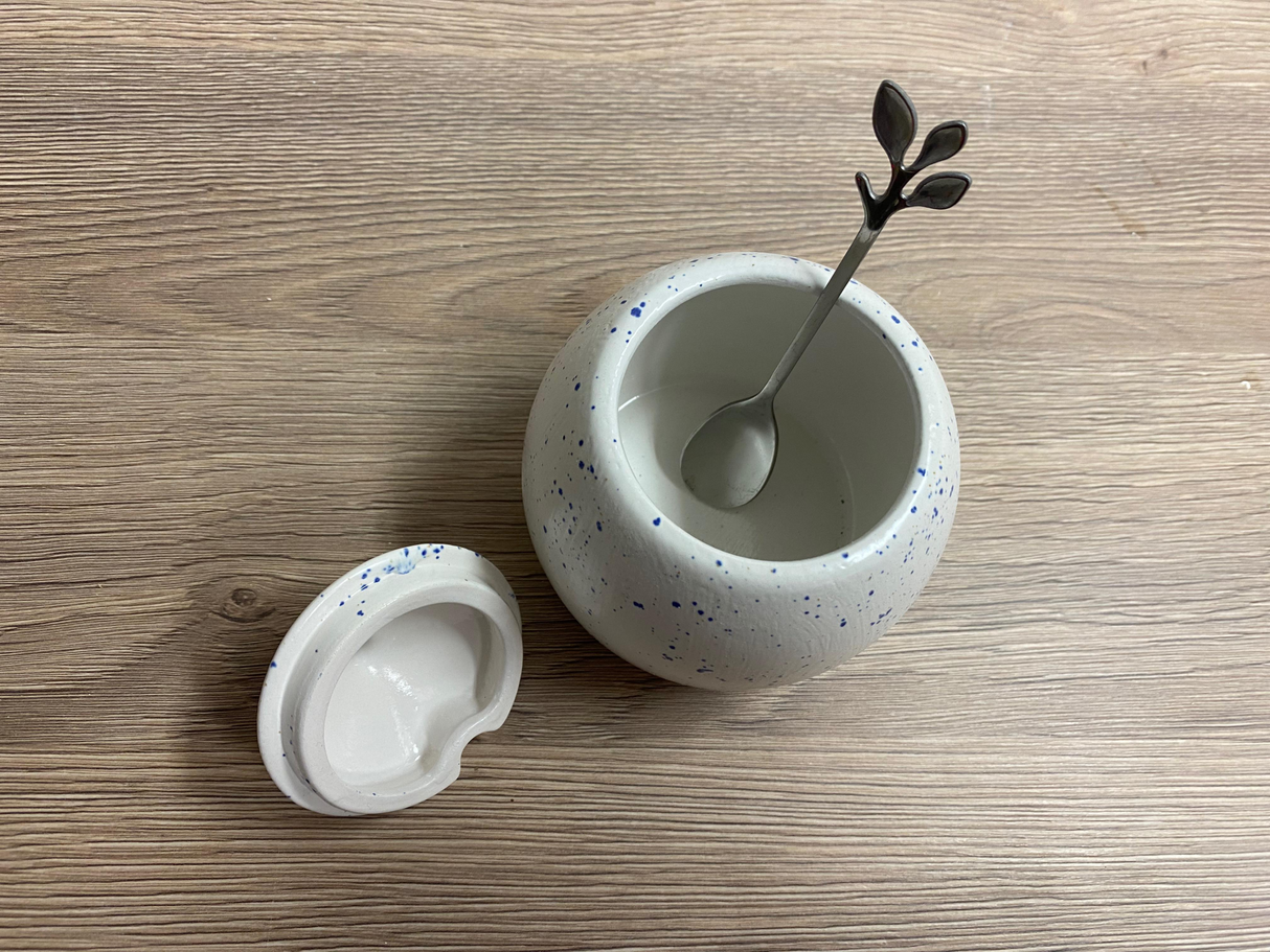 Sugar Bowl with Spoon Light Speckled Blue