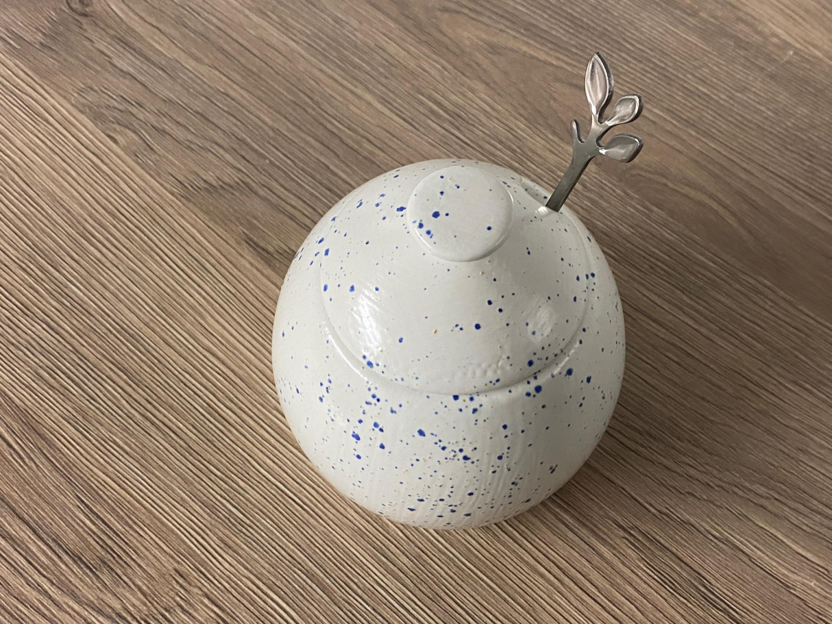 Sugar Bowl with Spoon Light Speckled Blue