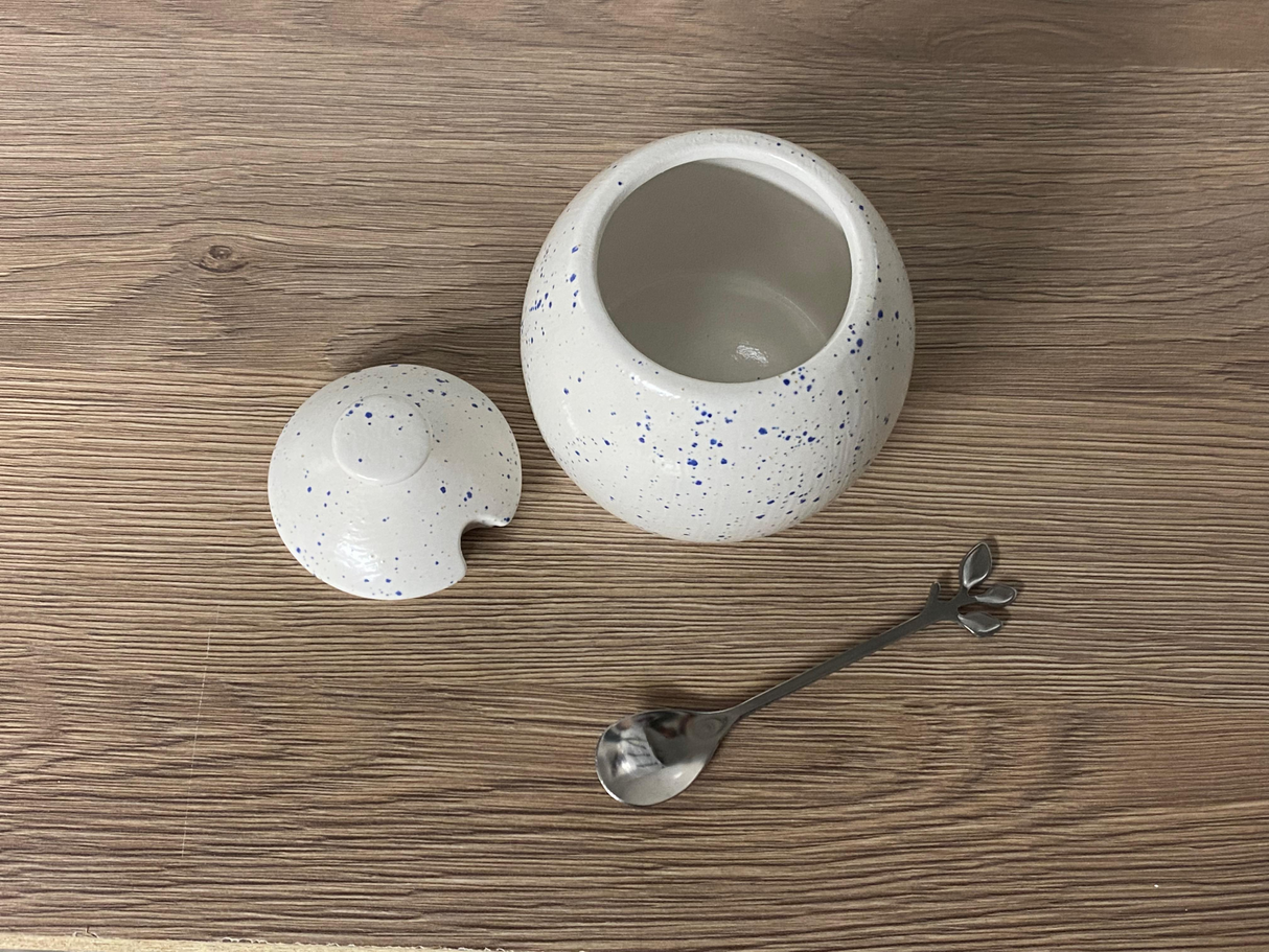 Sugar Bowl with Spoon Light Speckled Blue