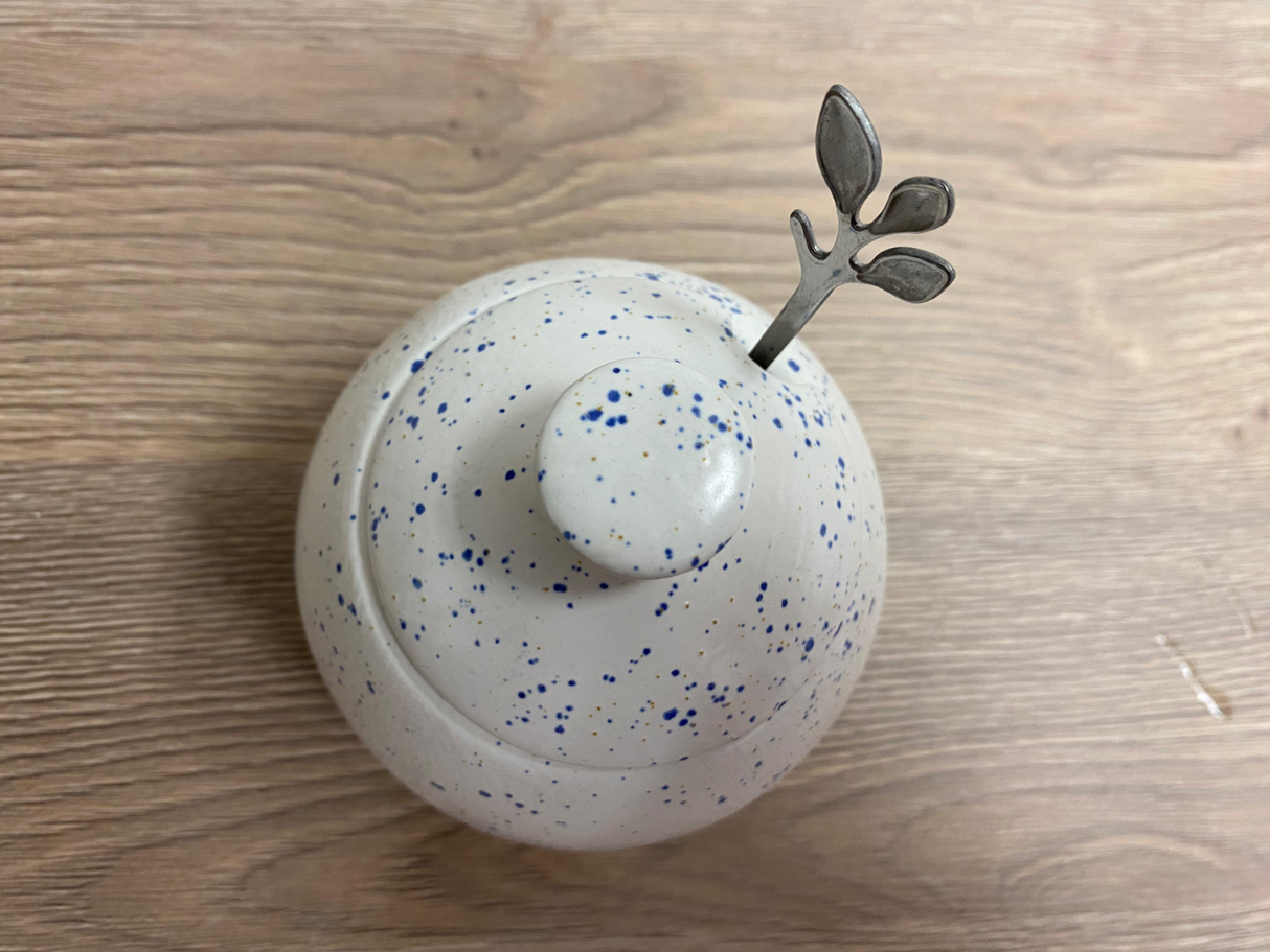 Sugar Bowl with Spoon Light Speckled Blue