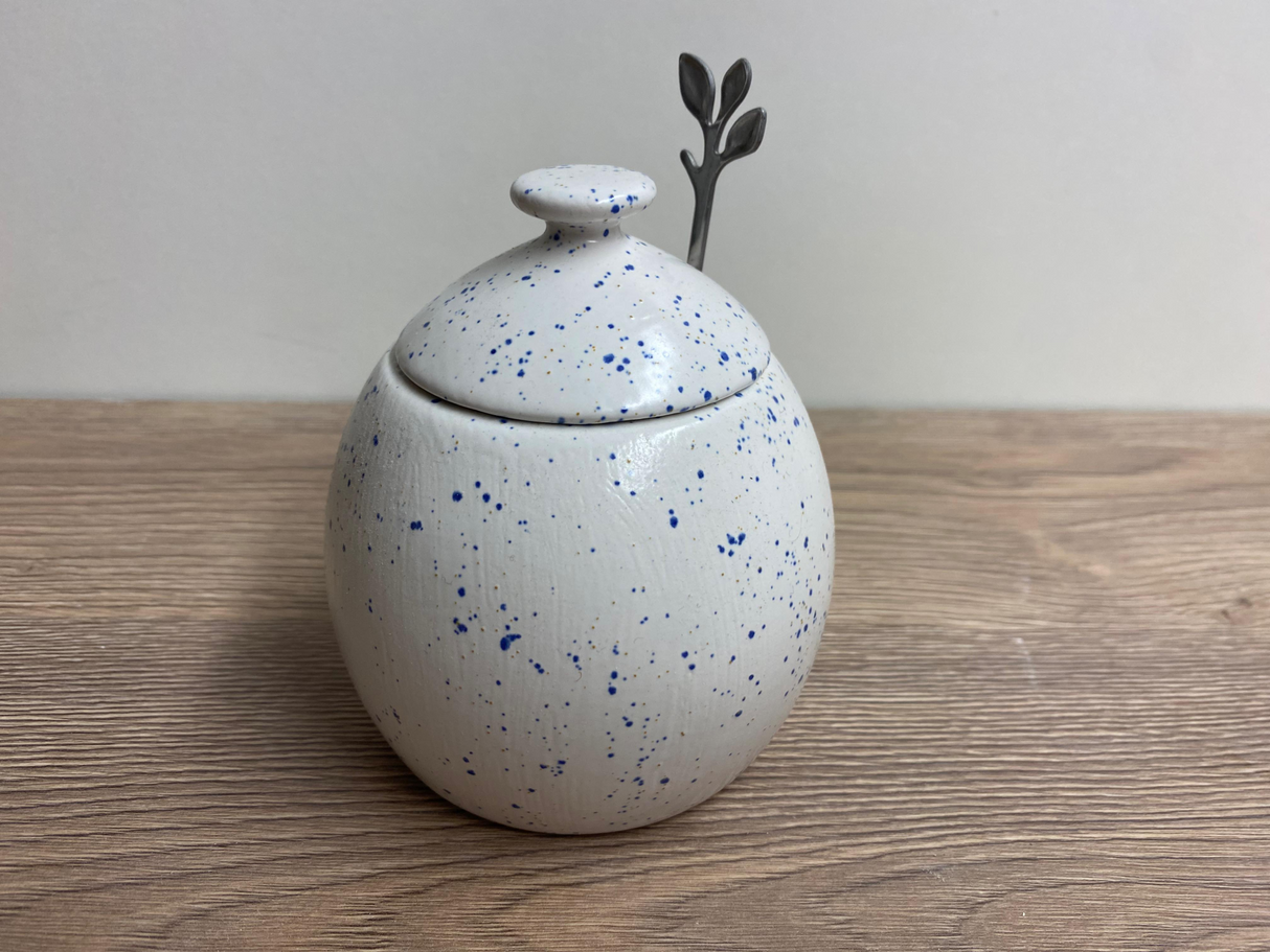 Sugar Bowl with Spoon Light Speckled Blue