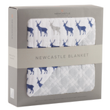 Blue Deer and Glacier Grey Plaid Cotton Muslin Newcastle Blanket