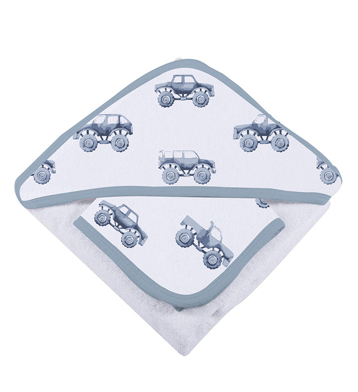 Indigo Monster Trucks Cotton Hooded Towel and Washcloth Set