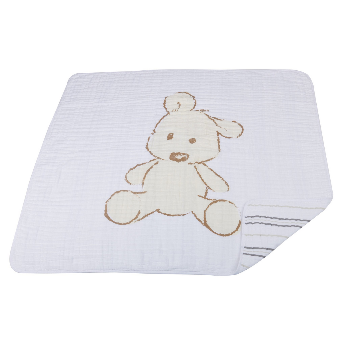 Teddy Bear and Grey Stripe Cotton Muslin Newcastle Blanket