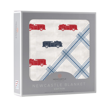 Blue and Red Fire Trucks and Buffalo Check Plaid Newcastle Blanket