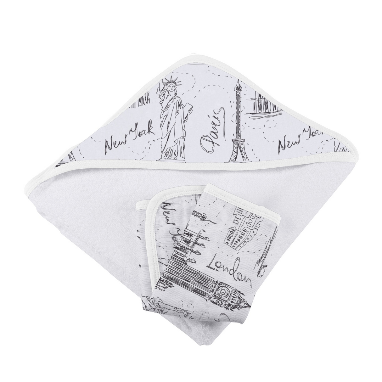 London, Paris, New York Hooded Towel and Washcloth Set