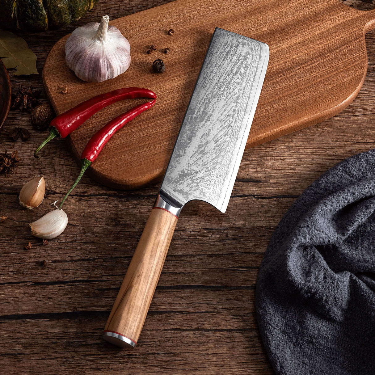 MIA X | Cleaver Knife 7" Damascus AUS10 Steel 67 Layer / Olive Wood handle