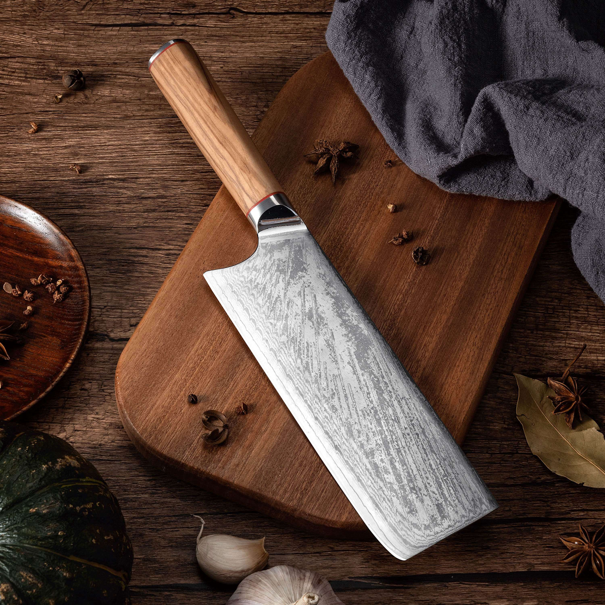 MIA X | Cleaver Knife 7" Damascus AUS10 Steel 67 Layer / Olive Wood handle