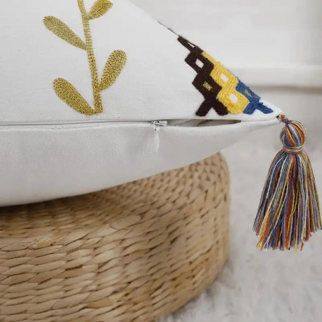 Embroidered Cotton  Fringed Pillowcase