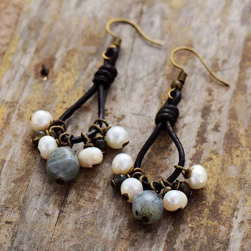 Vintage  Pearl Labradorite  Earrings