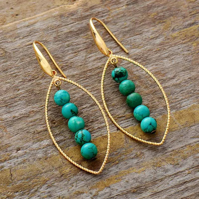 Gold Leaf Turquoise Dangle Earrings