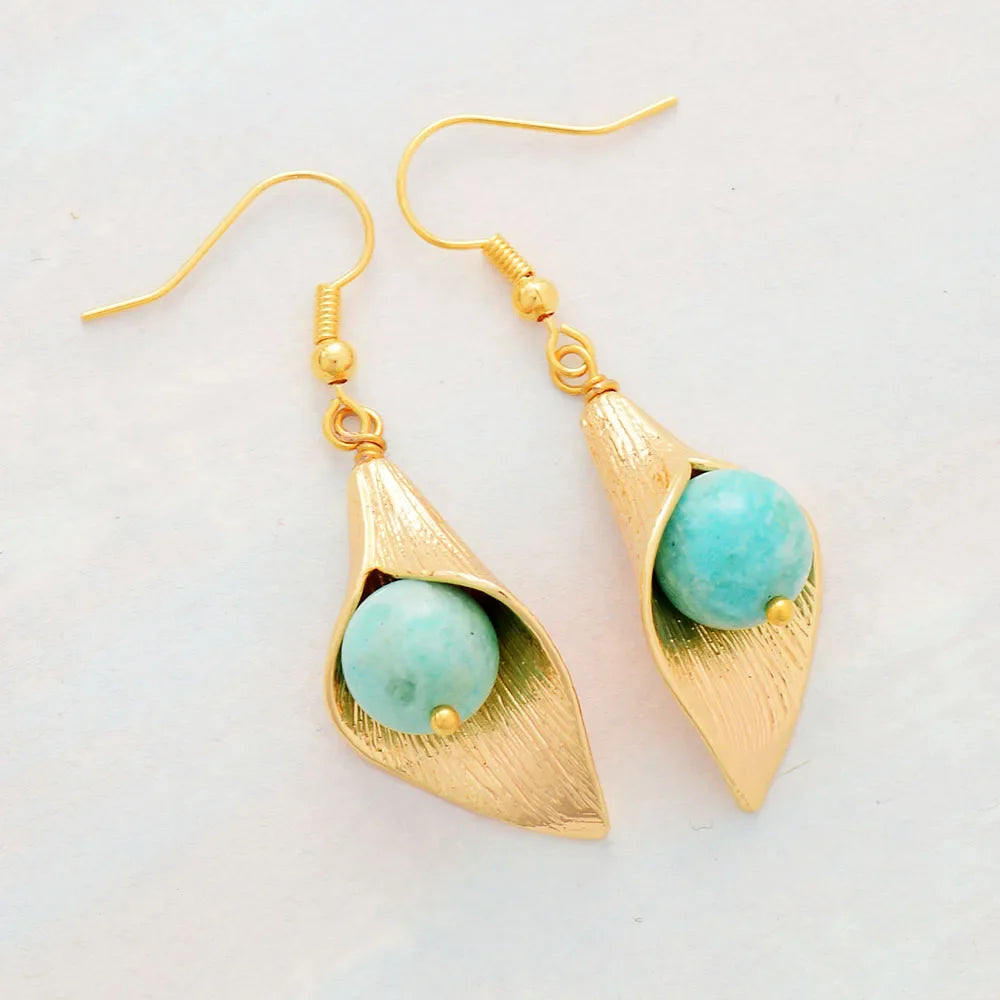 Gold Flower Amazonite  Earrings