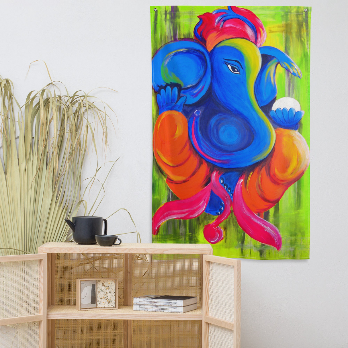 Ganesha Green Painting Flag Tapestry