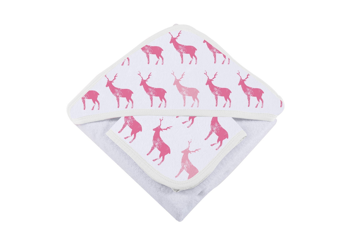 Pink Deer Cotton Hooded Towel and Washcloth Set