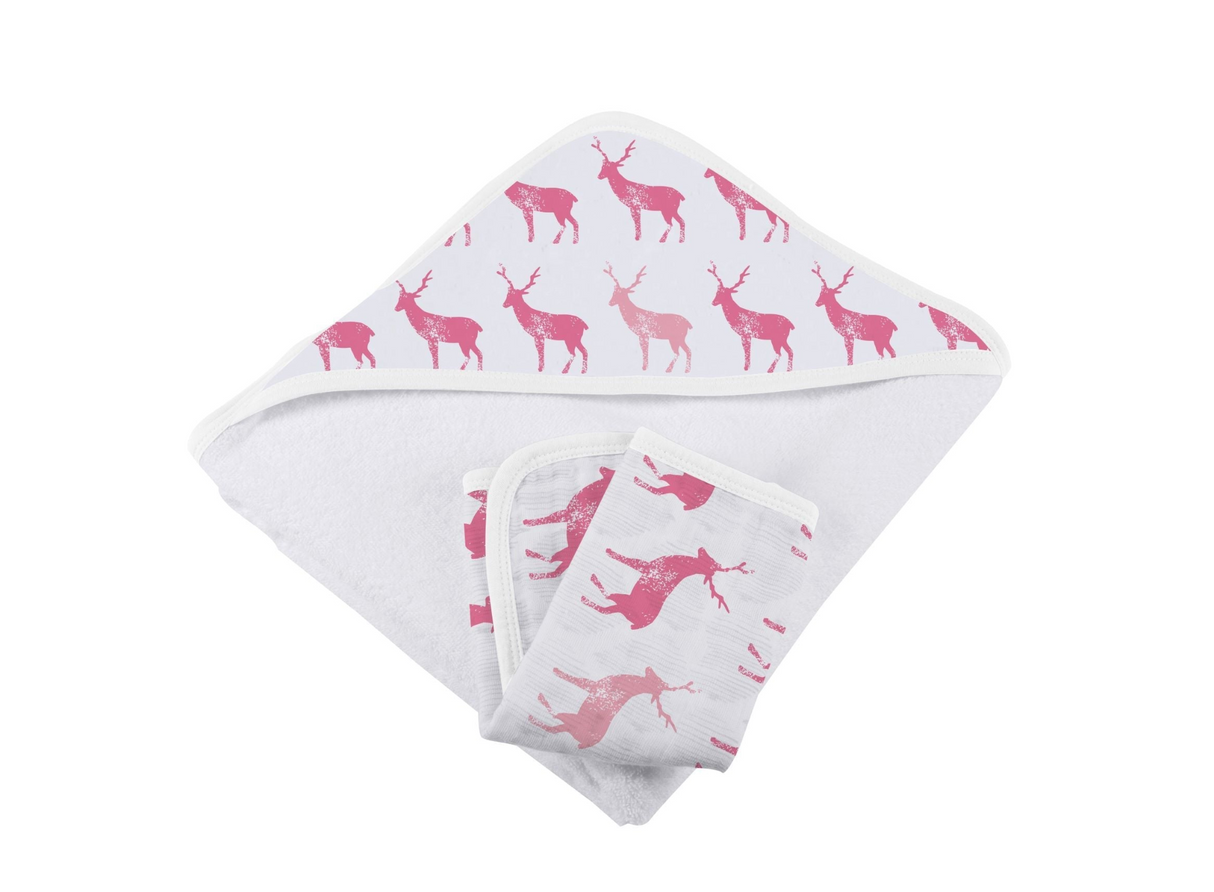 Pink Deer Cotton Hooded Towel and Washcloth Set