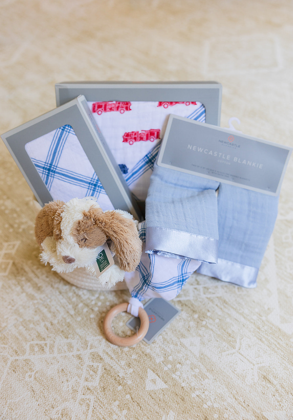 Welcome Baby Boy - Firetruck & Blue Plaid