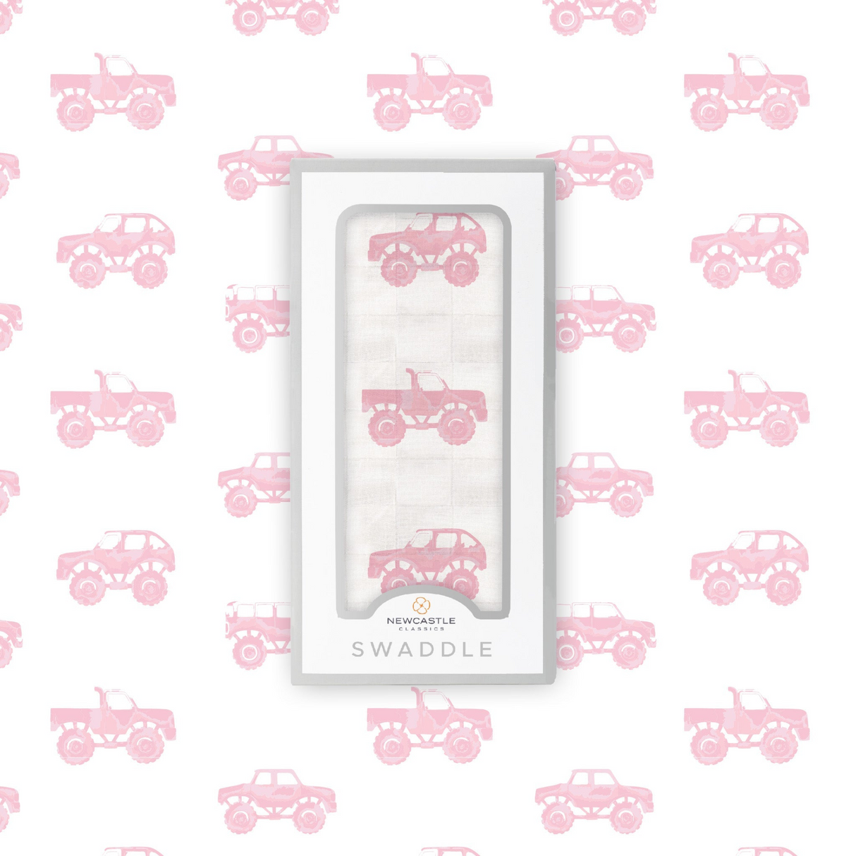 Pink Monster Trucks Bamboo Muslin Swaddle