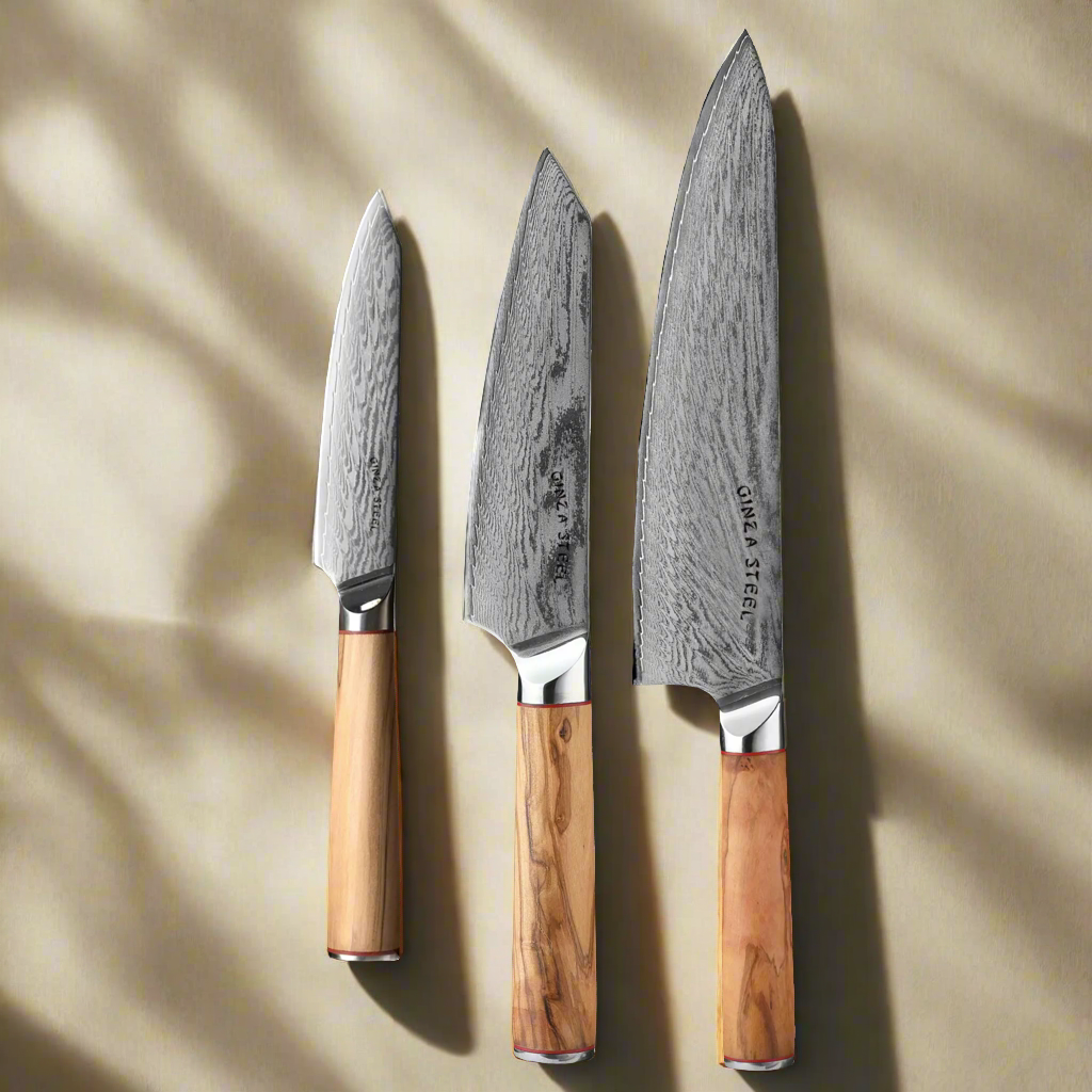 MIA THREE | Essential THREE Piece Chef Knife Set | AUS10 Damascus Steel