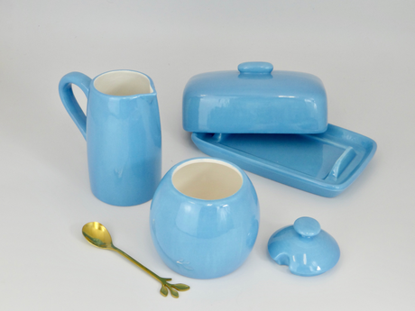 Butter Dish, Sugar Bowl, Milk Jug Set Sky Blue Glaze