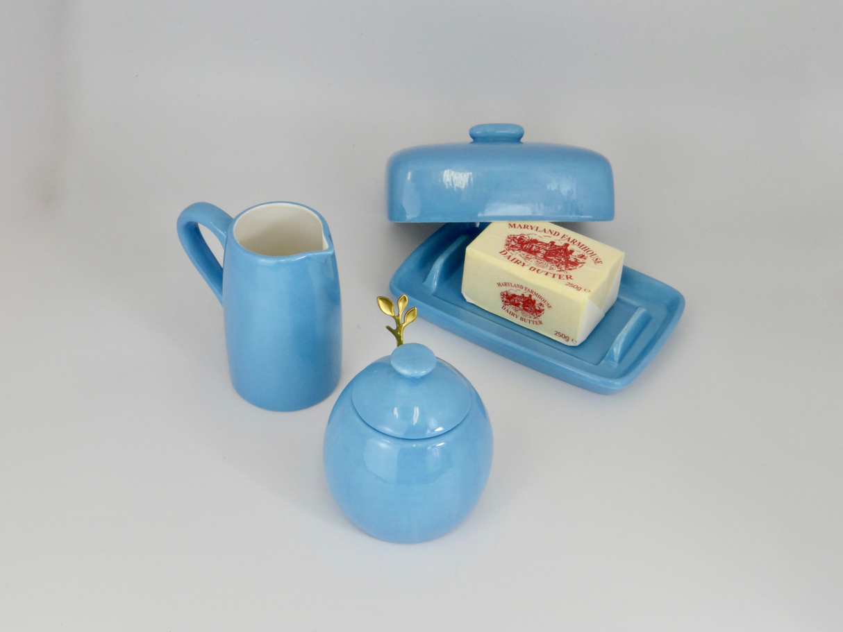 Butter Dish, Sugar Bowl, Milk Jug Set Sky Blue Glaze