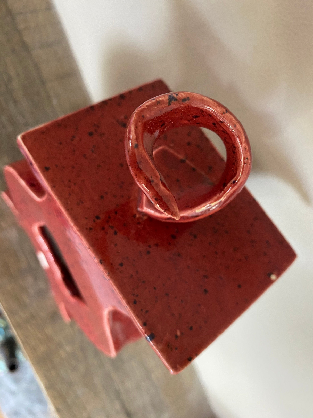 Quirky Round Ceramic Clock for Desk, Shelf, Mantel, Table speckled red glaze