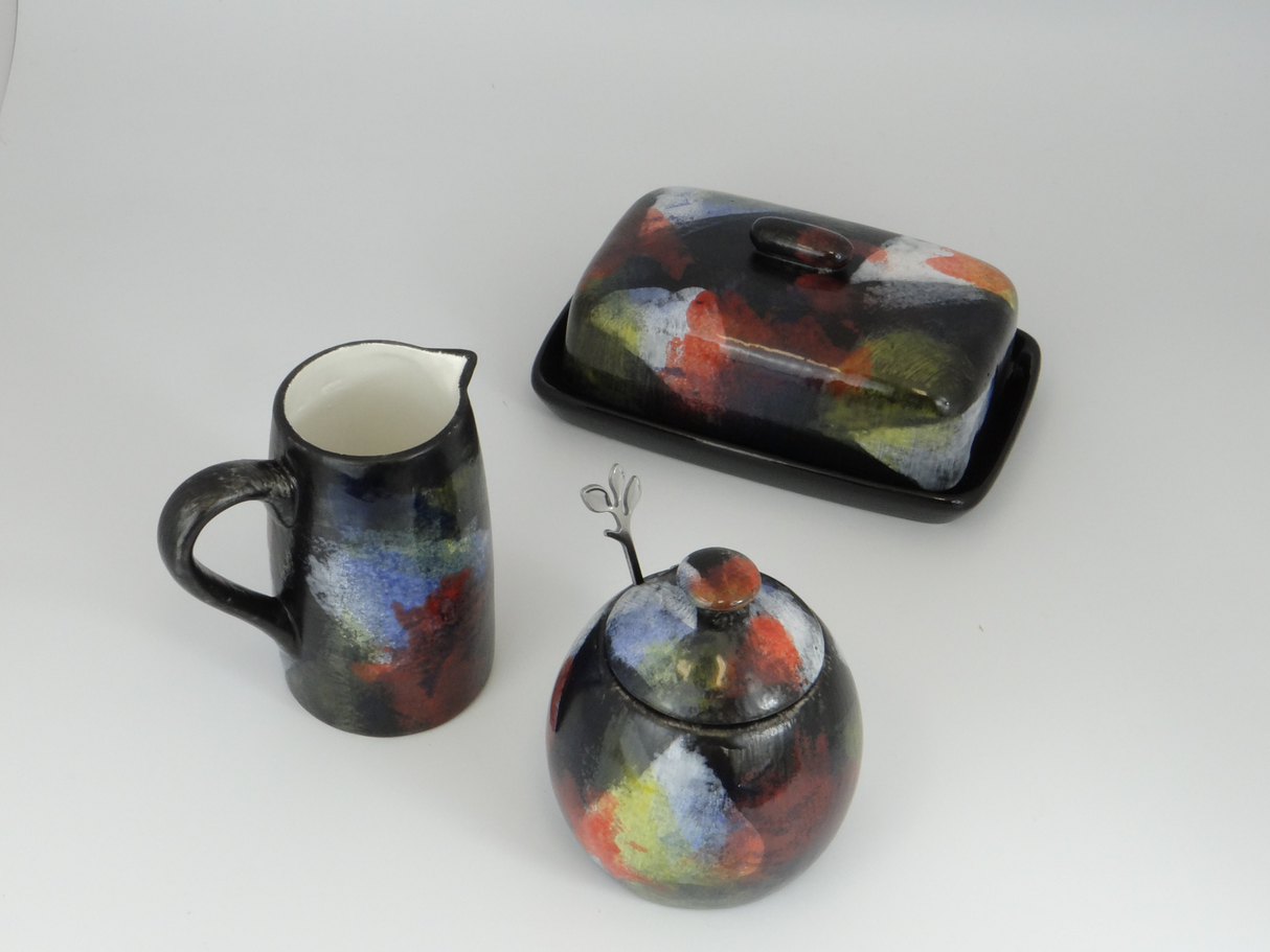 Butter Dish, Sugar Bowl and Milk Jug Set - Abstract Glaze