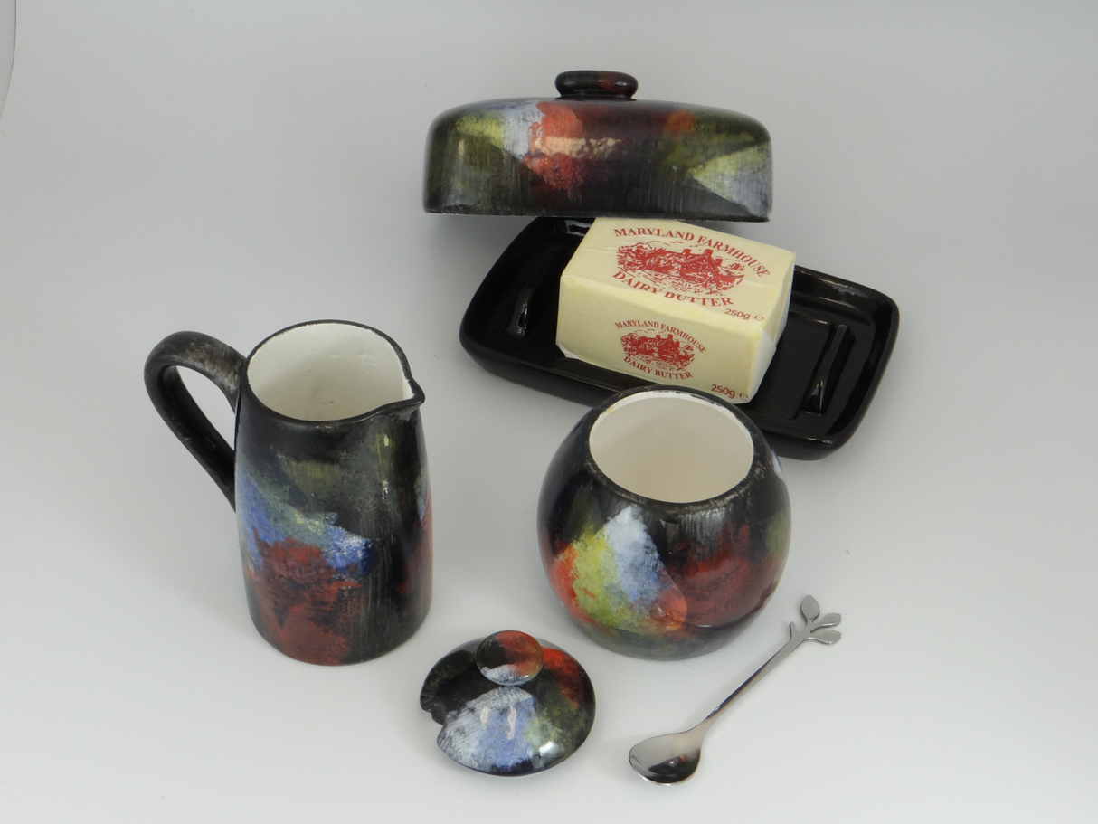 Butter Dish, Sugar Bowl and Milk Jug Set - Abstract Glaze