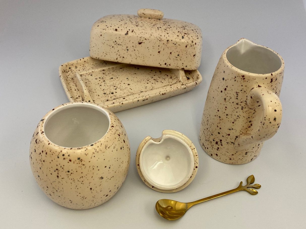 Butter Dish, Sugar Bowl and Milk Jug Set - Speckled Honey