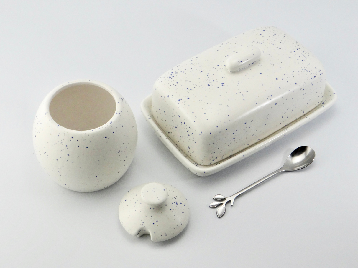 Butter Dish and Sugar Bowl Set - Light Blue Speckled Glaze