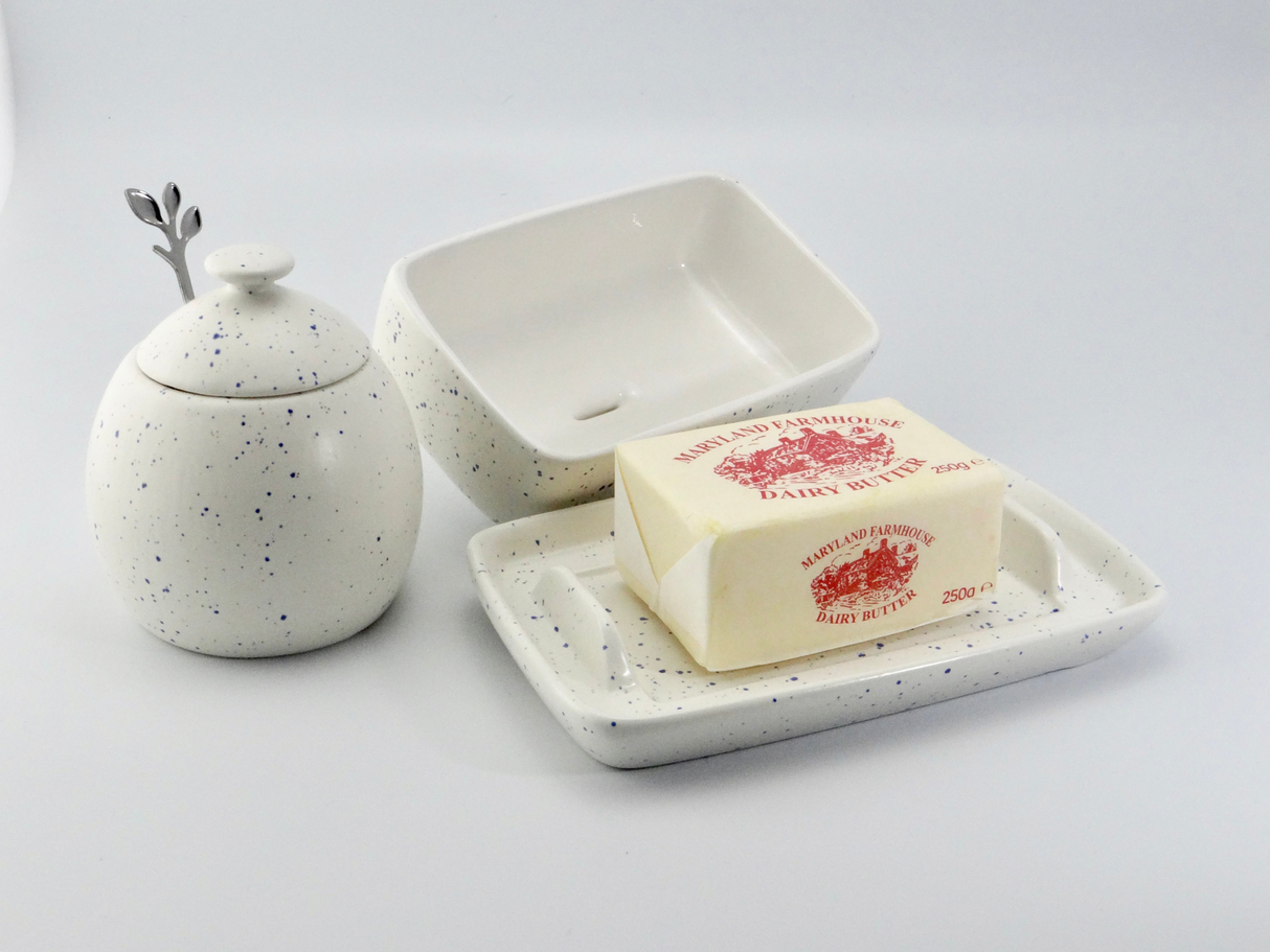 Butter Dish and Sugar Bowl Set - Light Blue Speckled Glaze