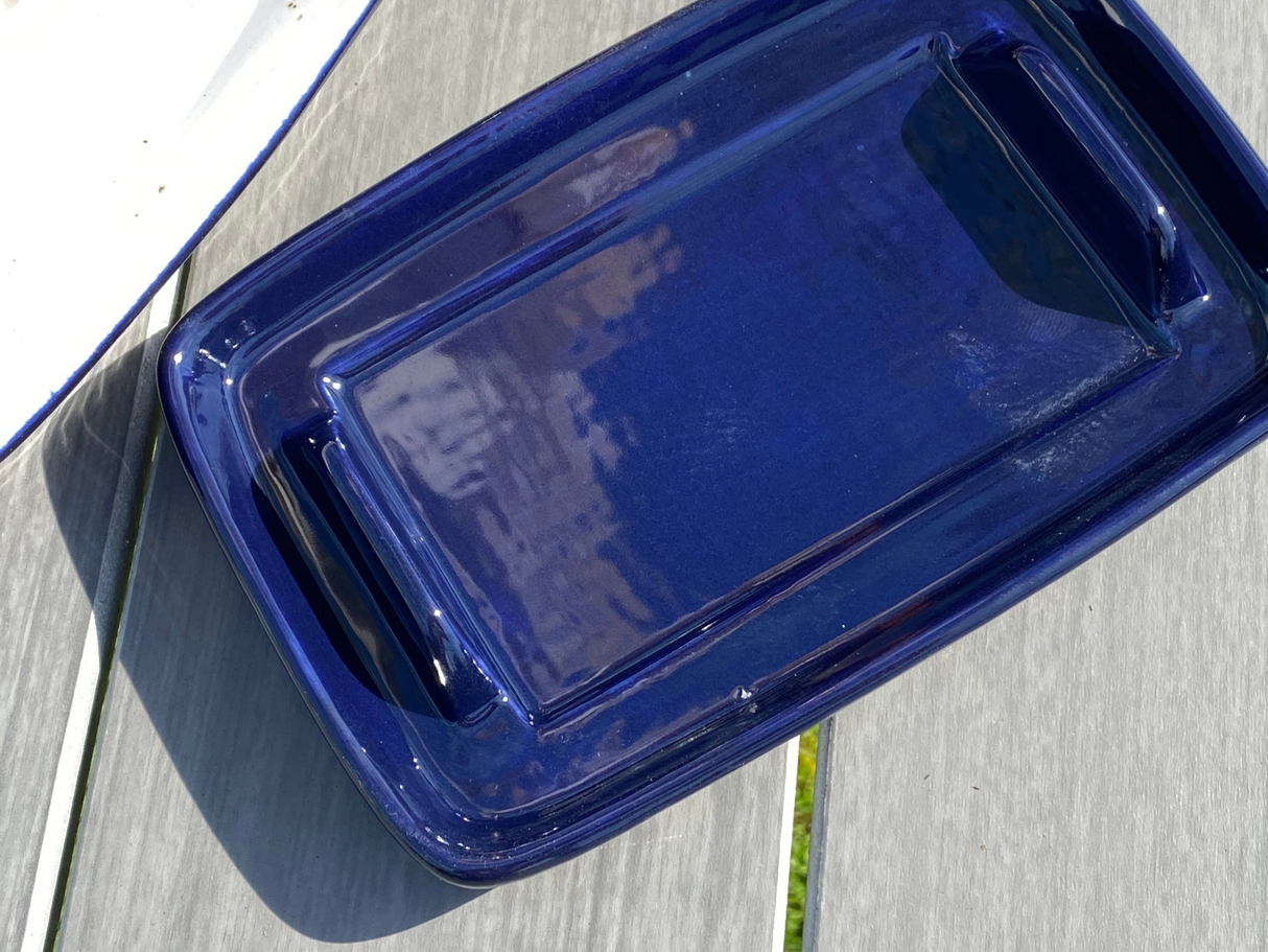 Butter Dish Dark Blue with Green Handle