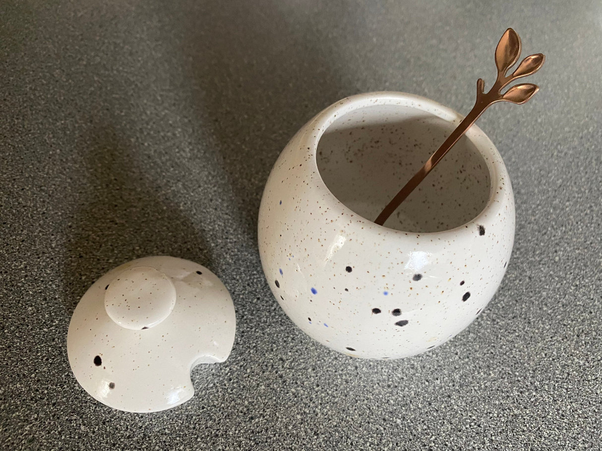 Sugar Bowl with Lid, Jam Pot, Leafy Spoon, Confetti Glaze