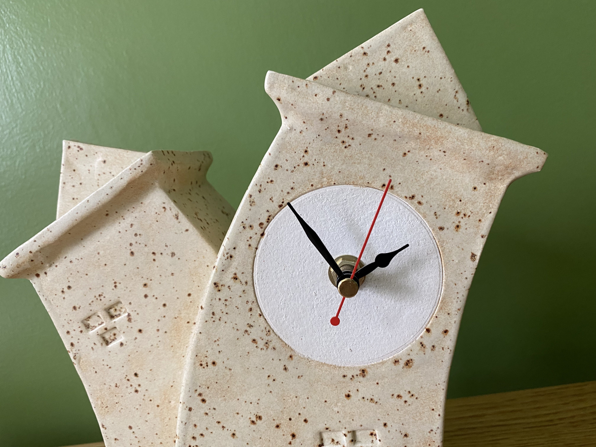 Double Ceramic Mantel Clock - Oatmeal Glaze